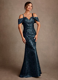 Azazie Bakersfield Abiti per la Madre della Sposa Abito Sirena in Jacquard Floreale a Spalla Scoperta Marino Scuro image3