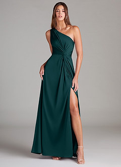 Azazie Brooke Bridesmaid Dresses Pine A-Line One Shoulder Stretch Satin Dress image1