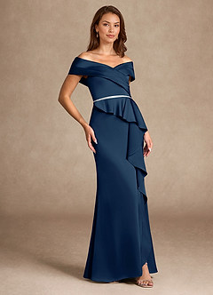 Azazie Dareia vestidos de madre de la novia Vestido de Azul Marino Oscuro de Satén Elástico de Sirena con Vestidos sin tirantes image4