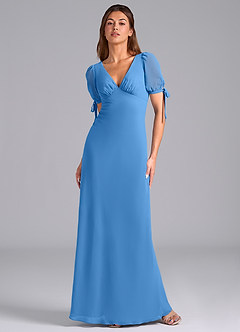 Azazie Pheby Robes de demoiselle d'honneur Robe Trapèze en Mousseline de soie Plissée Geai Bleu image1