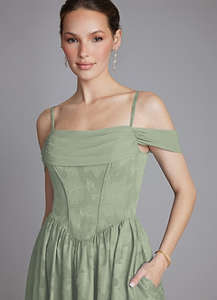 Azazie Raisa Bridesmaid Dresses Agave A-Line Off the Shoulder Floral Burnout Dress image3
