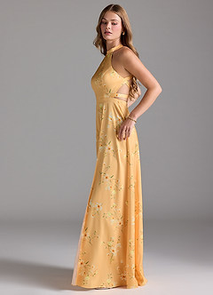 Azazie Clarice Bridesmaid Dresses Golden Blooms A-Line High Neck Stretch Satin Dress image6