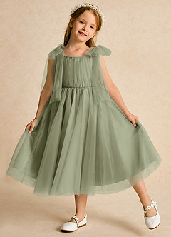 Azazie Dori Robe Demoiselle D'honneur Fillette Robe Trapèze en Tulle Rayé Pistache image4