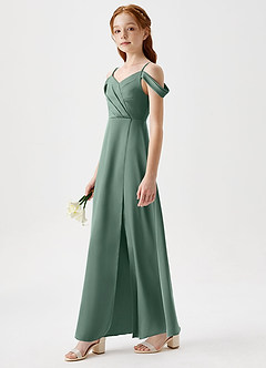 Azazie Ocean Junior Eucalyptus A-Line Off the Shoulder Stretch Satin Dress image3