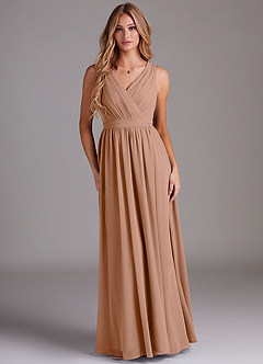 Azazie Kingsley Bridesmaid Dresses Champagne Rose A-Line Lace Chiffon Dress image1