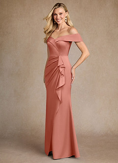 Azazie Laredo Mother of the Bride Dresses Salmon Pink Mermaid Off the Shoulder Stretch Satin Dress image2