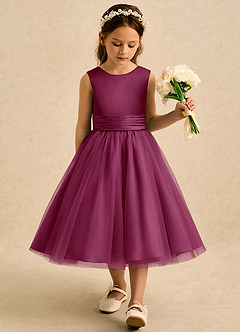 Azazie Bea Flower Girl Dresses Mulberry A-Line Bow Matte Satin Dress image4