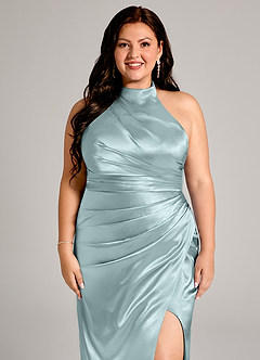 Azazie Jemma Bridesmaid Dresses Mist Sheath Pleated Metallic Satin Dress image12