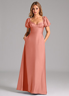 Azazie Fatima Bridesmaid Dresses Coral A-Line Pleated Stretch Satin Dress image3