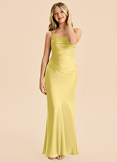Azazie Agustina Junior Canary Sheath Pleated Stretch Satin Dress image3