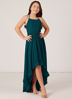 Azazie Sarafina Junior Robe Trapèze en Mousseline de soie Dentelle Vert Pin image1