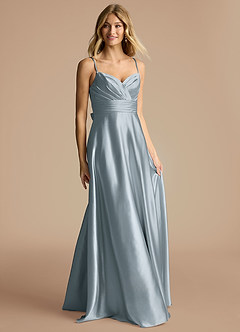 Azazie Oliana Robes de demoiselle d'honneur Robe Trapèze en Satiné métallisé Plissée Bleu Poussiéreux image4
