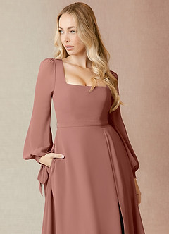 Azazie Leonia Bridesmaid Dresses Cedar Rose A-Line Long Sleeve Chiffon Dress image6