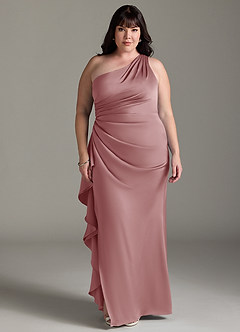 Azazie Latrice Robes de demoiselle d'honneur Robe Fourreau en Satin extensible Volants en cascade à une épaule Rose Poussiéreuse image6