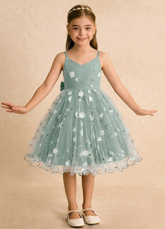 Azazie Junebug Blumenmädchenkleider Ballkleid Spaghetti Riemen Tüll Kleid Silberner Salbei image3