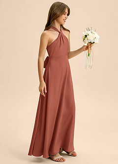 Azazie Beah Junior Jurk van Stretch Satijn met A-Lijn Geplooid Kastanjebruin image6