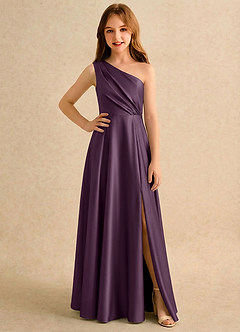 Azazie Puddles Girls Formal Abiti da Ragazza di Fiori Abito A-Line in Raso Elasticizzato Monospalla Prugna image1