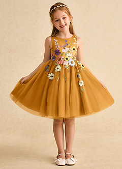 Azazie Prima Flower Girl Dresses Butterscotch A-Line Bow Tulle Dress image1