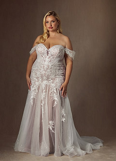 Azazie Leilani Wedding Dresses Diamond White Cocoa Mermaid Sequins Tulle Dress image13