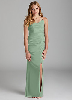 Azazie Deandra Junior Eucalyptus Sheath Mesh Dress image1