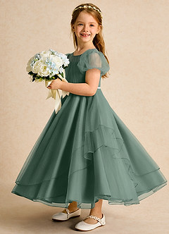 Azazie Duckie Abiti da Ragazza di Fiori Abito Principessa in Tulle Plissettato Eucalipto image4