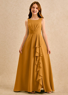 Azazie Chibi Girls Formal Blumenmädchenkleider A-Linie Plissee Chiffon Kleid Butterscotch image3