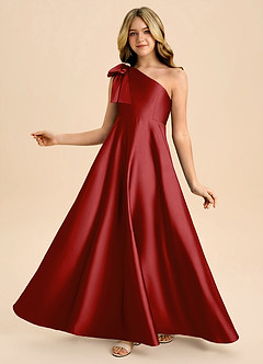 Azazie Penguin Junior Pomegranate A-Line Bow Stretch Satin Dress image1