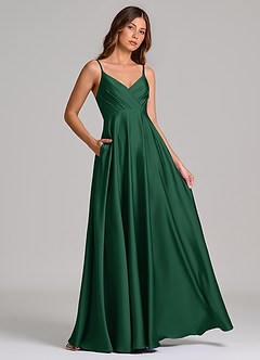 Azazie Amani Bridesmaid Dresses Dark Green A-Line Pleated Stretch Satin Dress image4
