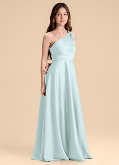 Azazie Charlize Junior Sea Glass A-Line Pleated Stretch Satin Dress image3