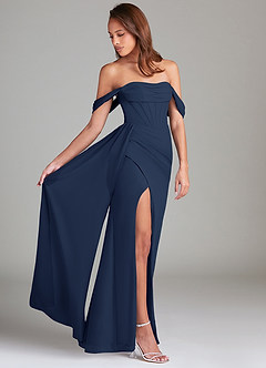 Azazie Amyra Robes de demoiselle d'honneur Robe Fourreau Convertible en Mousseline de soie Épaule décolletée Bleu Marine Foncé image3