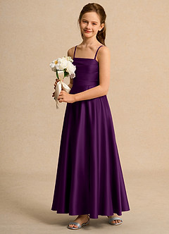 Azazie Pebbles Girls Formal 플라워 걸 드레스 A라인 주름진 매트 새틴 발목 길이 드레스 image5