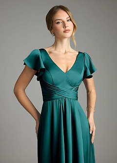 Azazie Omari Bridesmaid Dresses Peacock A-Line Stretch Satin Dress image6