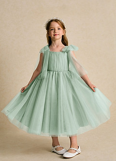 Azazie Dori Robe Demoiselle D'honneur Fillette Robe Trapèze en Tulle Rayé Agave image6