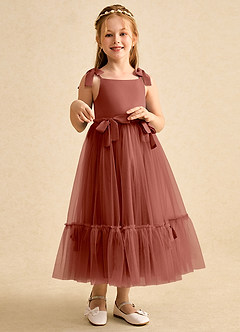 Azazie Jaci Blumenmädchenkleider A-Linie Spaghetti Riemen Chiffon Kleid Rotbraun image3