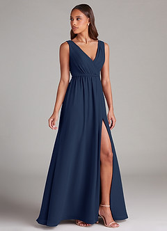 Azazie Tanicia Bridesmaid Dresses Dark Navy A-Line Pleated Chiffon Dress image3
