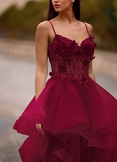 Dreama Burgundy Lace Corset Ruffle Prom Dress image7