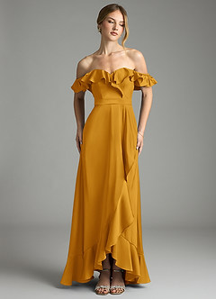Azazie Lyra Bridesmaid Dresses Butterscotch A-Line Off the Shoulder Stretch Satin Convertible Dress image1