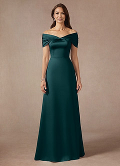 Azazie Amelia Mother of the Bride Dresses Pine A-Line Off the Shoulder Stretch Satin Dress image3
