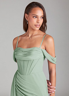Azazie Amyra Bridesmaid Dresses Agave Sheath Off the Shoulder Chiffon Convertible Dress image6