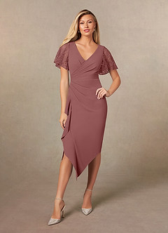 Azazie Eloise Mother of the Bride Dresses Desert Rose Sheath Pleated Stretch Crepe Dress image1