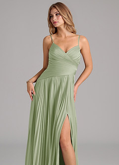 Azazie Vini Bridesmaid Dresses Dusty Sage A-Line Pleated Stretch Satin Dress image2