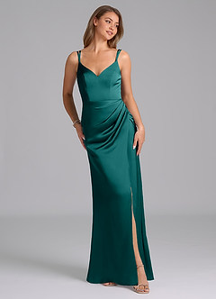 Azazie Leo Bridesmaid Dresses Peacock Sheath Pleated Stretch Satin Dress image4