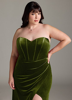 Azazie Jas Robes de demoiselle d'honneur Robe Fourreau Convertible en velours Schulterfreies Korsett Olive image19