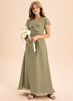 Azazie Lainey Junior Abito A-Line in Chiffon Con Tasche Verde Muschio image6