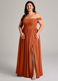 Azazie Calianna Vestidos de madrinha de casamento Vestido Laranja Queimada de Chiffon de Linha A com Fora do ombro image14