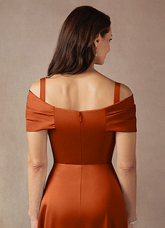 Azazie Amelia Vestidos para mãe da noiva Vestido Laranja Queimada de Cetim elástico de Linha A com Fora do ombro image7