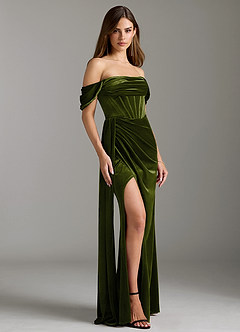 Azazie Amyra Bridesmaid Dresses Olive Sheath Off the Shoulder Velvet Convertible Dress image1