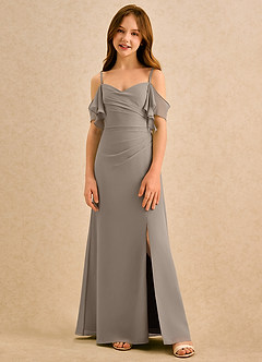 Azazie Pippy Girls Formal Robe Demoiselle D'honneur Fillette Robe Trapèze en Mousseline de soie Encolure en Forme de Cœur Taupe image3