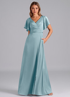 Azazie Ambrosia Robes de demoiselle d'honneur Robe Trapèze en Satin extensible Plissée Bleu Maussade image5