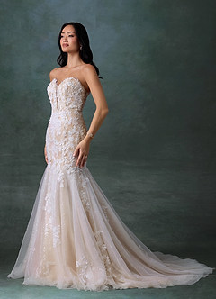 Azazie Chelley Vestidos de novia Vestido Blanco Diamante Nude de Tul de Corte Sirena con Palabra de honor image1